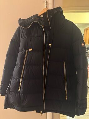 Moose Knuckles Black Hooded Quilted Puffer Coat with Gold Trim